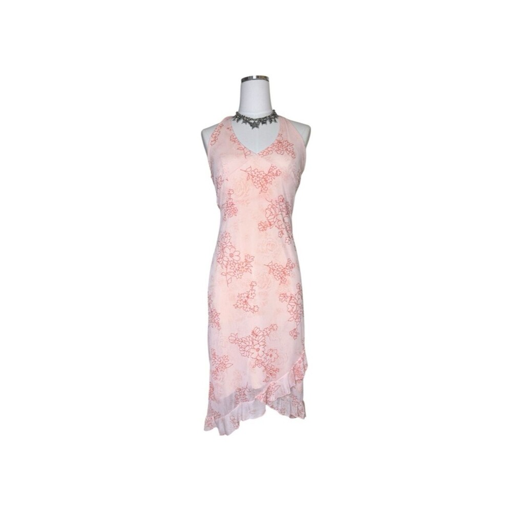 Y2K Taboo Pink Halter Floral V-Neck Midi Dress Size Medium